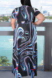 Black Red Casual Print Patchwork V Neck Straight Plus Size Dresses