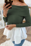 Green Sexy One Shoulder Stitching Long Sleeve Top
