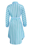 Sky Blue Fashion Striped Print With Belt Turndown Collar Shirt Dress