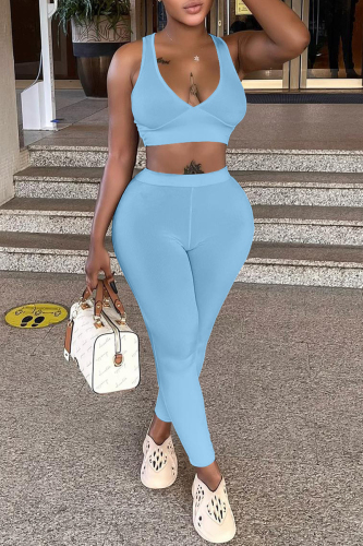Light Blue Sexy Casual Sportswear Solid Vests Pants V Neck Sleeveless Two Pieces