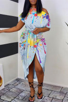 Multicolor Fashion Casual Print Patchwork Oblique Collar Short Sleeve Dress