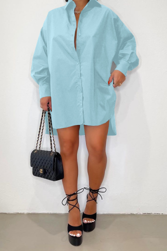 Light Blue Fashion Solid Patchwork Turndown Collar Tops