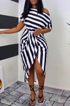 Black Fashion Casual Striped Print Patchwork Oblique Collar Short Sleeve Dress