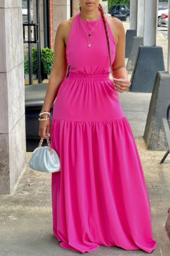 Rose Red Sexy Solid Bandage Patchwork Backless Halter Straight Dresses