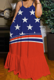Blue Casual American Flag Stars Print Floor Length Backless Sleeveless African Style Loose Cami Maxi Dress