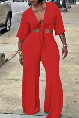 Red Sexy Solid Bandage Patchwork V Neck Half Sleeve Two Pieces
