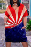 Burgundy American Flag Stars Print Short Sleeve Gradual Change V Neck African Loose Straight Midi Dresses with Pocket