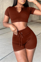 Brown Fashion Casual Solid Basic V Neck Short Sleeve Two Pieces