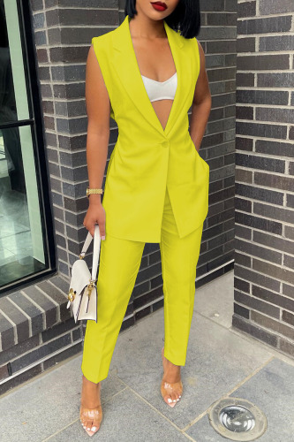 Yellow Casual Solid Patchwork Turn-back Collar Sleeveless Two Pieces