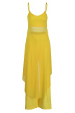 Yellow Casual Solid Patchwork Asymmetrical Spaghetti Strap Sleeveless Two Pieces