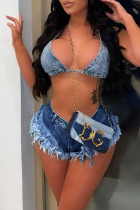 Blue Sexy Solid Bandage Patchwork Backless Halter Two Pieces