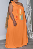Orange Casual Print Bandage Patchwork Oblique Collar Straight Plus Size Dresses
