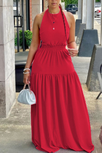 Red Sexy Solid Bandage Patchwork Backless Halter Straight Dresses