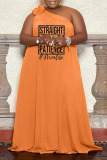 Orange Casual Print Bandage Patchwork Oblique Collar Straight Plus Size Dresses