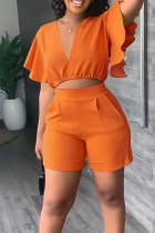 Orange Casual Solid Patchwork Flounce V Neck Short Sleeve Two Pieces