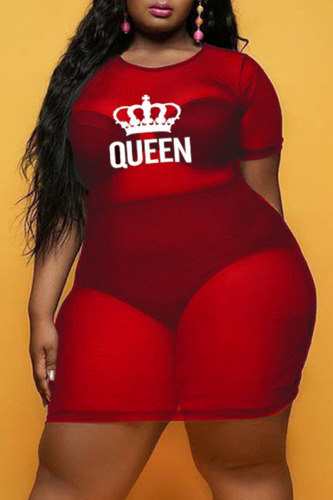 Burgundy Fashion Sexy Plus Size Letter Print See-through O Neck Short Sleeve Dress