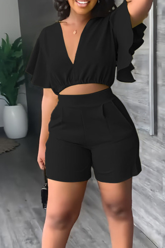 Black Red Deep V Neck Ruffled Short Sleeve Crop Top and Shorts Casual Two Piece Shorts Set