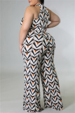 White Fashion Casual Print Patchwork O Neck Plus Size Jumpsuits