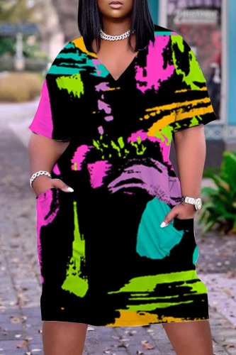 Black Casual Print Patchwork V Neck Straight Dresses