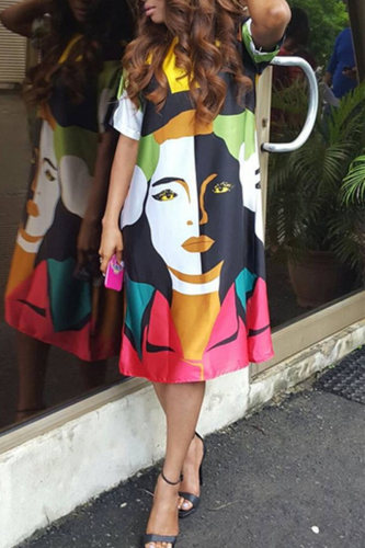 Multicolor Fashion Casual Print Basic O Neck Short Sleeve Dress