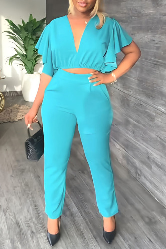 Blue Casual Solid Patchwork Flounce V Neck Short Sleeve Two Pieces