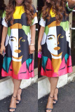 Multicolor Fashion Casual Print Basic O Neck Short Sleeve Dress