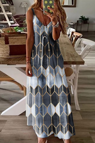 Grey Fashion Casual Print Backless Spaghetti Strap Long Dress Dresses