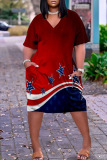 Red White American Flag Stars Print Short Sleeve Gradual Change V Neck African Loose Straight Midi Dresses with Pocket