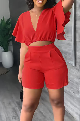 Red Deep V Neck Ruffled Short Sleeve Crop Top and Shorts Casual Two Piece Shorts Set