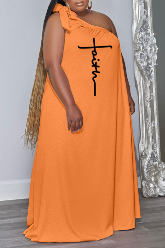 Orange Casual Print Bandage Patchwork Oblique Collar Straight Plus Size Dresses