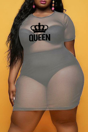 White Fashion Sexy Plus Size Letter Print See-through O Neck Short Sleeve Dress