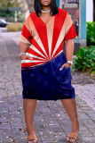 Red White American Flag Stars Print Short Sleeve Gradual Change V Neck African Loose Straight Midi Dresses with Pocket