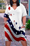 Blue American Flag Stars Print Short Sleeve Gradual Change V Neck African Loose Straight Midi Dresses with Pocket