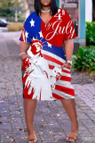 White American Flag Stars Print Short Sleeve Gradual Change V Neck African Loose Straight Midi Dresses with Pocket