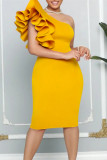 Orange Fashion Sexy Solid Patchwork Backless Oblique Collar Evening Dress