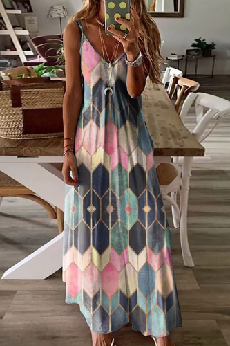 Pink Fashion Casual Print Backless Spaghetti Strap Long Dress Dresses