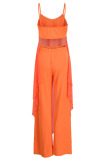 Tangerine Casual Solid Patchwork Asymmetrical Spaghetti Strap Sleeveless Two Pieces