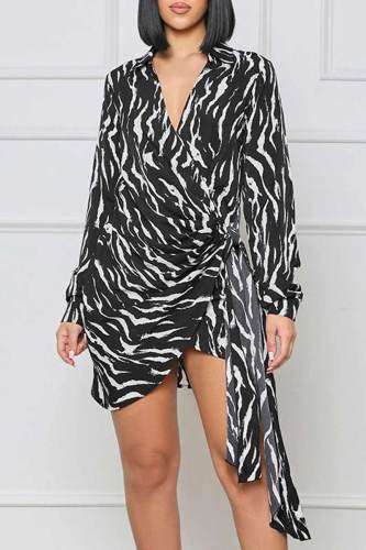 Black Casual Print Bandage Patchwork Asymmetrical V Neck Irregular Dress Dresses