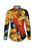 Red Yellow Casual Print Patchwork Turndown Collar Mid Waist Tops