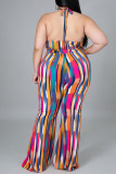 Colour Sexy Casual Striped Print Bandage Backless Spaghetti Strap Plus Size Jumpsuits