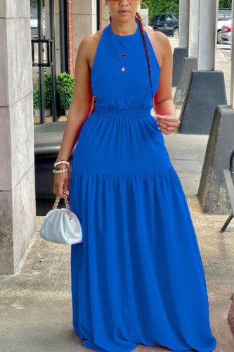 Blue Sexy Solid Bandage Patchwork Backless Halter Straight Dresses