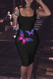 Black Purple Fashion Casual Butterfly Print Basic U Neck Vest Dress