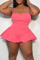 Pink Sexy Solid Split Joint Flounce Zipper Two Pieces