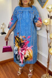 Blue Fashion Casual Plus Size Print Patchwork O Neck Long Dress