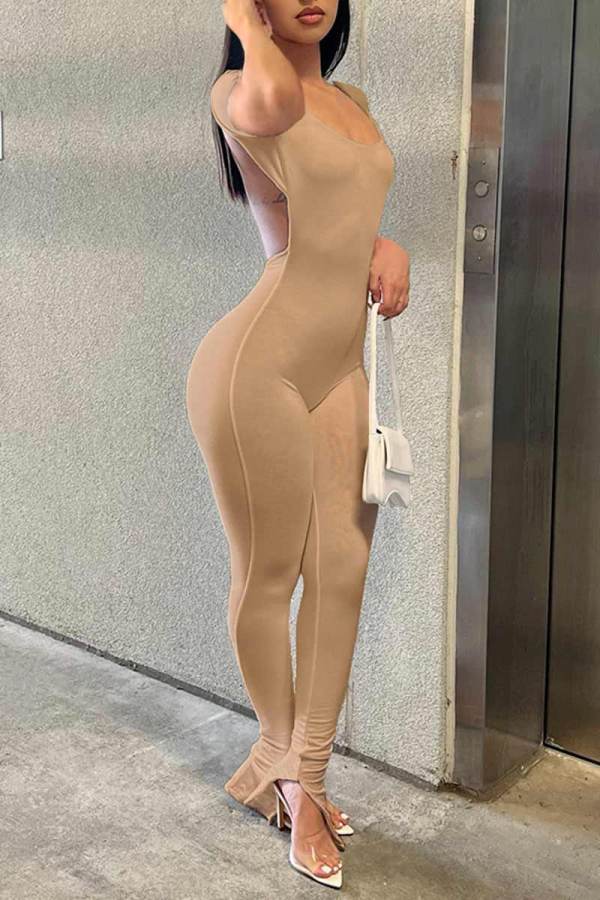 Khaki Sexy Solid Patchwork Backless U Neck Skinny Jumpsuits