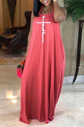 Tangerine Red Sexy Print Patchwork Backless Halter Straight Dresses
