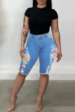 Blue Fashion Casual Print Ripped Patchwork Plus Size Jeans