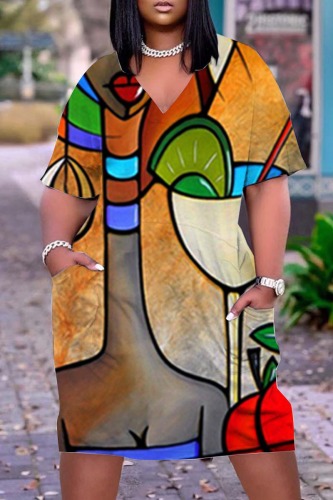 Earth Yellow Casual Print Patchwork V Neck Straight Dresses