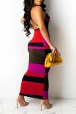 Pink Sexy Striped Print Patchwork Backless Spaghetti Strap Pencil Skirt Dresses