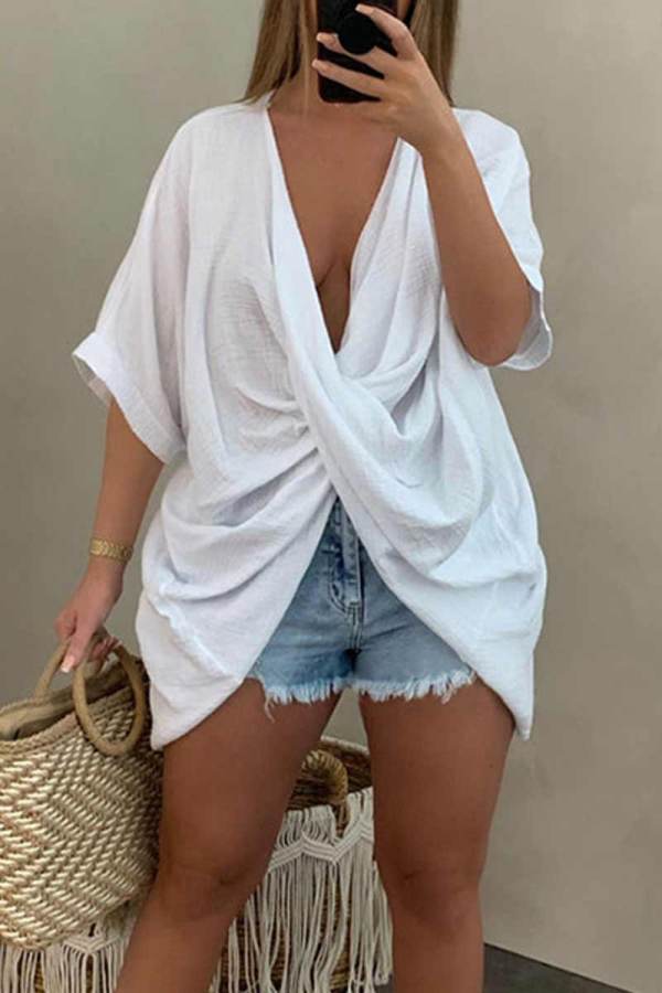 White Casual Solid Patchwork Asymmetrical V Neck T-Shirts